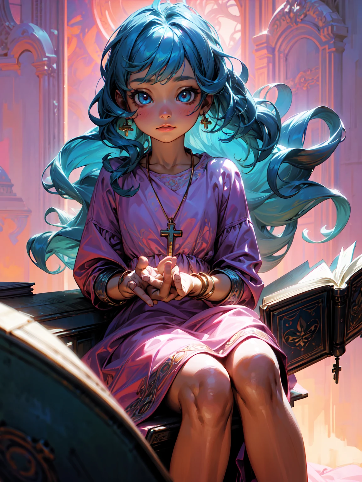 a 7  girl with wavy blue hair, wearing a pink and lilac dress, a necklace with a key, sitting on the floor with a book on her lap, happy, children's book character, detailed portrait, beautiful intricate dress, ethereal lighting, soft pastel colors, natural lighting, peaceful expression, detailed facial features, delicate fingers, book in lap, sitting cross-legged, warm color palette, cinematic lighting, photorealistic, digital art, highly detailed, masterpiece.