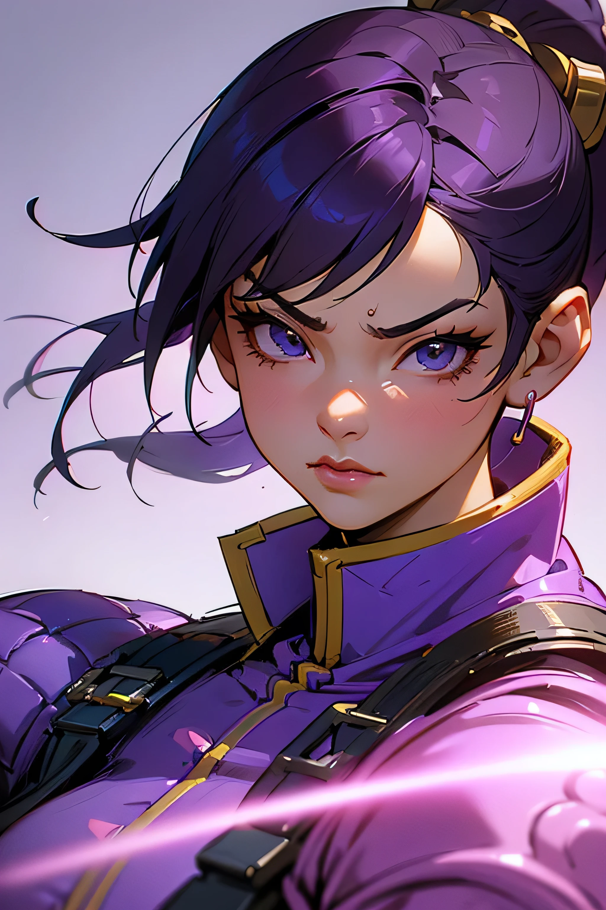 a beautiful detailed close up portrait of a woman with purple hair and a purple jacket, chun-li character from street fighter, badass anime style, extremely detailed by artegerm, unreal engine 3D, video game character, katana zero, chun-li, photorealistic, vivid colors, dramatic lighting, hyper detailed, masterpiece