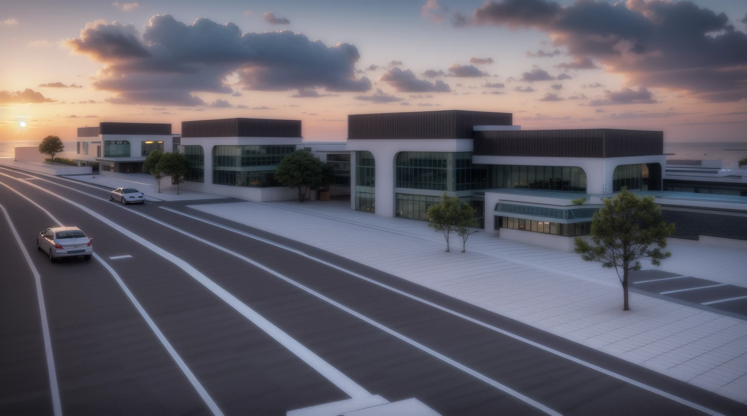 (((masterpiece))),((best quality)),outdoor,Commercial Area,Business Center,(Surrounded by greenery1:2),Asphalt road,Passing car,sidewalk,parking space,Award-winning design