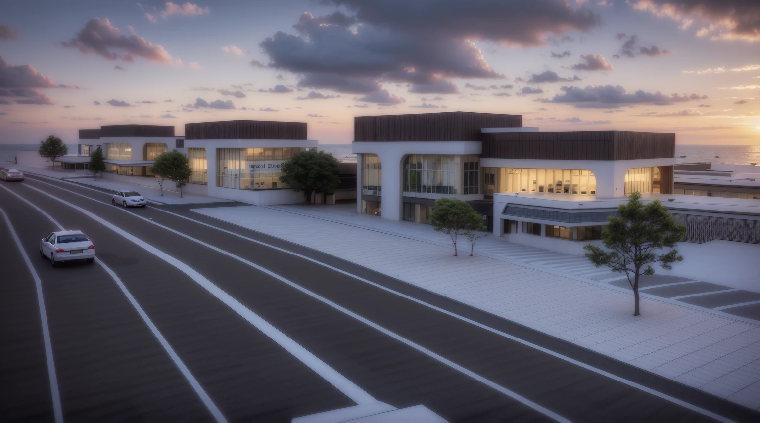 (((masterpiece))),((best quality)),outdoor,Commercial Area,Business Center,(Surrounded by greenery1:2),Asphalt road,Passing car,sidewalk,parking space,Award-winning design
