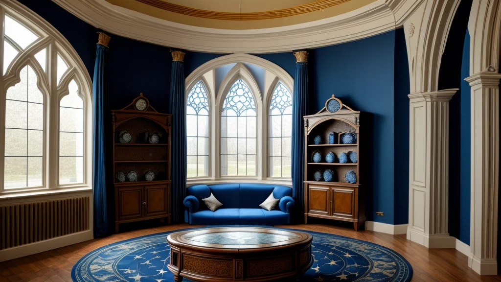 Donjon, Harry Potter, Ravenclaw, lounging, Arched windows, Blue silk hanging on the wall, Domed ceiling painted with stars, Dark blue carpet with stars, The table, a chair, Bookshelf on the floor, fireplace