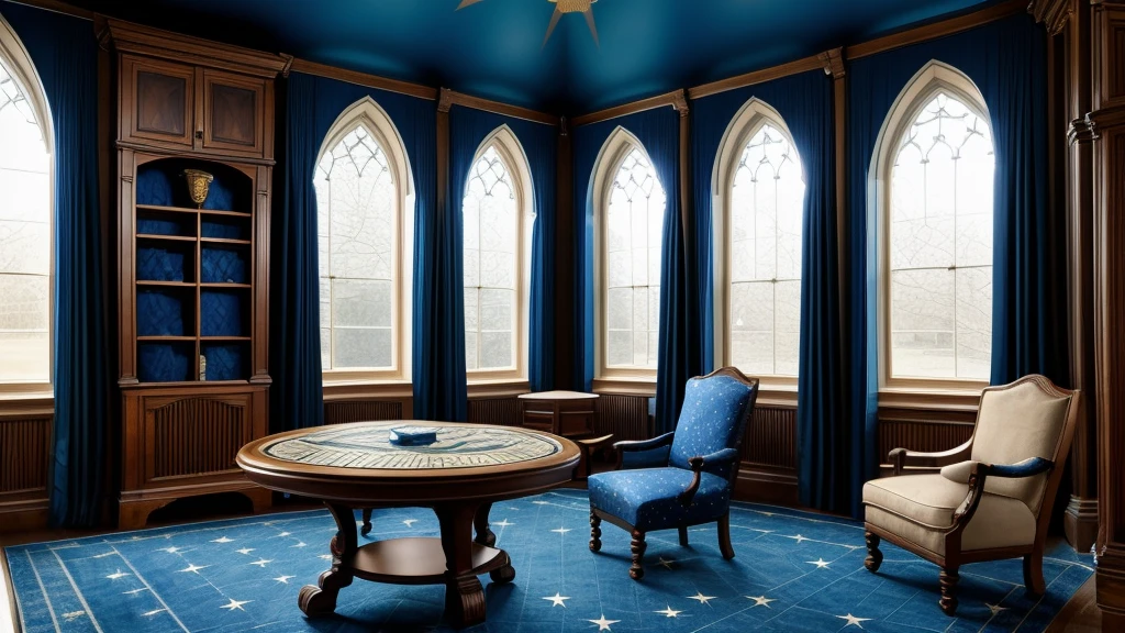 Donjon, Harry Potter, Ravenclaw, lounging, Arched windows, Blue silk hanging on the wall, Domed ceiling painted with stars, Dark blue carpet with stars, The table, a chair, Bookshelf on the floor, fireplace