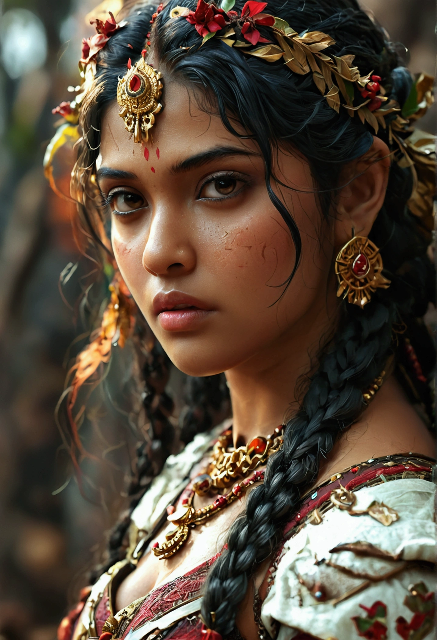 Looks like Malayalam actress Anu Sithara, female barbarian fantasy!!! dressed in vyshyvanka!!!! Full body close up shot, character concept art, sharp focus, octane render! unreal engine 5! highly rendered!! trending on artstation!! detailed linework!! illustration by artgerm, wlop, and chie yoshii