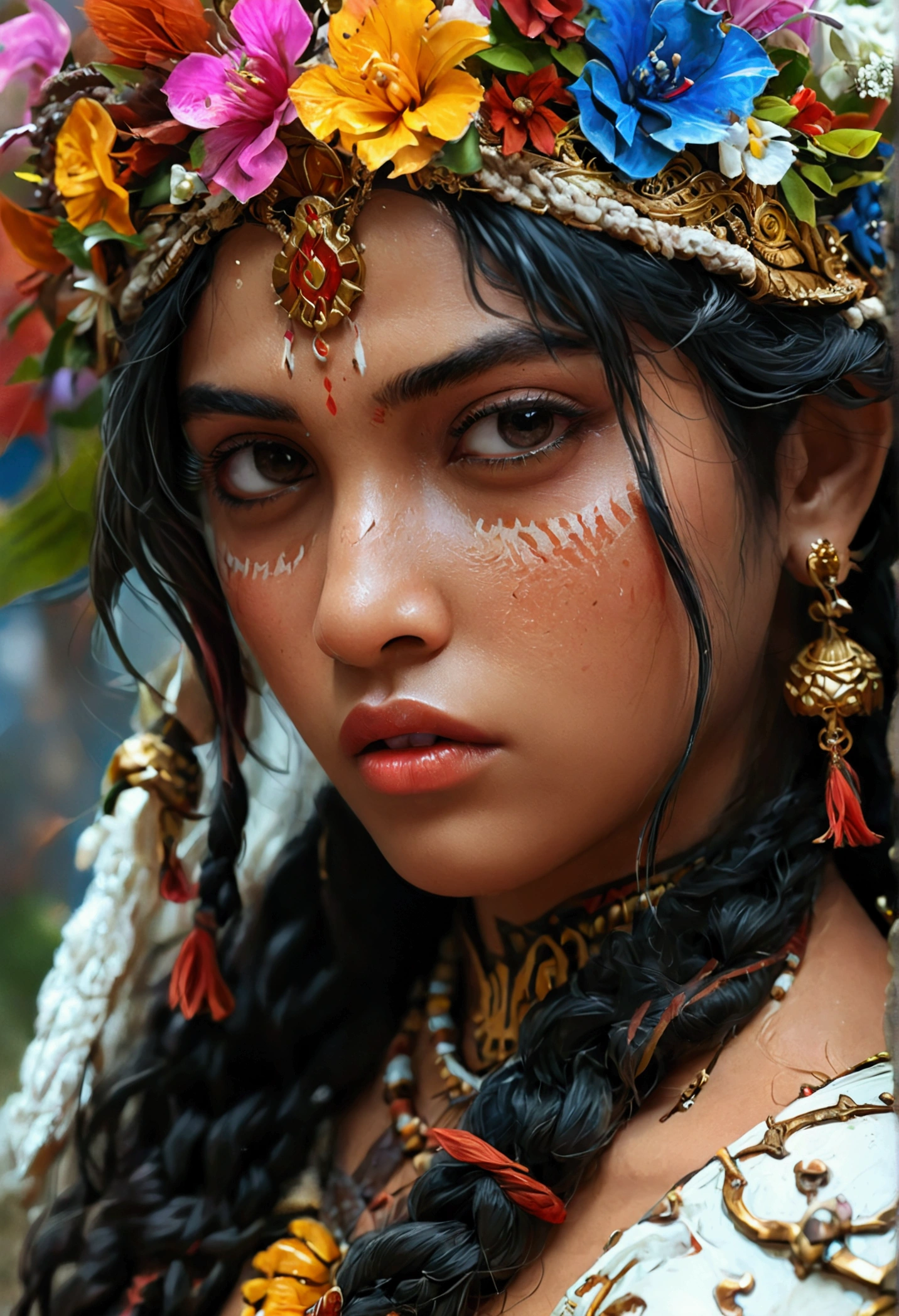 Looks like Malayalam actress Anu Sithara, female barbarian fantasy!!! dressed in vyshyvanka!!!! Full body close up shot, character concept art, sharp focus, octane render! unreal engine 5! highly rendered!! trending on artstation!! detailed linework!! illustration by artgerm, wlop, and chie yoshii
