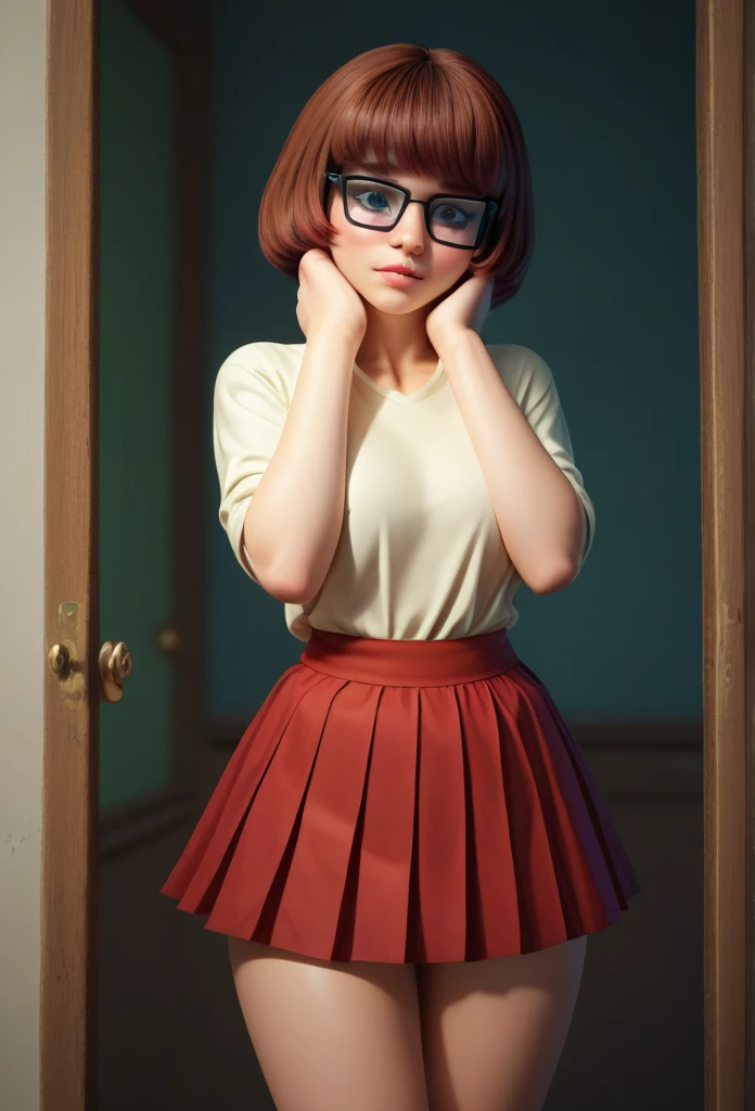 . His hand is clamped tightly around Velma's neck, performing a chokehold that emphasizes the danger she's in. Velma's usual calm demeanor is replaced with a look of shock and fear as she flails her arms and legs, her trademark skirt fluttering around