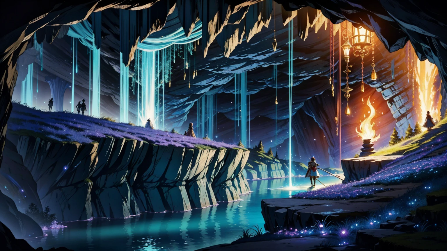 A 16:9 anime-style illustration depicting a male and female adventurer exploring a fantastical cave. The adventurers are dressed in fantasy attire, including cloaks and light armor, and are carrying torches that cast a warm glow. The cave is filled with shimmering crystals, glowing fungi, and mysterious rock formations. The atmosphere is mystical and full of wonder, with the light from the torches reflecting off the cave walls and creating a magical ambiance. The adventurers are cautiously making their way through the cave, captivated by its beauty and mystery.