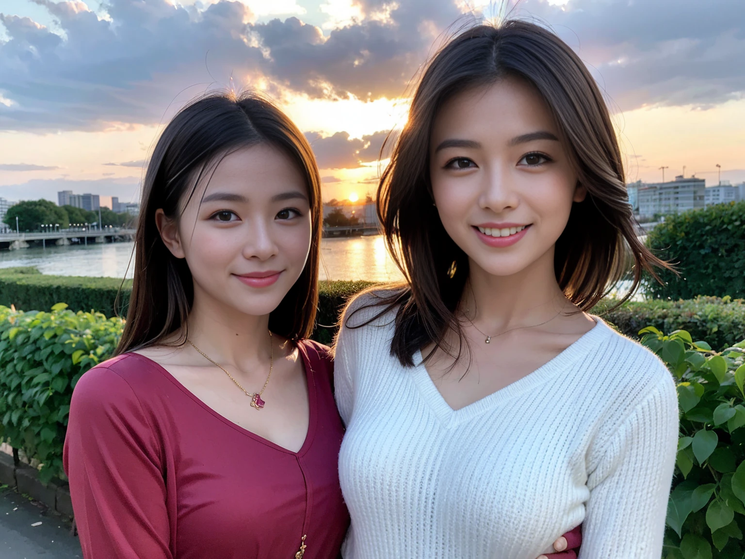 ((Highest quality、、masterpiece:1.3))、1 male、1 female,36 years old 39 years old、Put the light on my face、Slim Beauty、Beautiful couple、Upper Body、smile、 (Slim face), (the body is スリム), (Brown Hair), (Shortcuts), テーブルのフルコースディナーとwine glass、Amazing view of the sunset sky and clouds、smileの美しさ、Wine bottle、sparkling wine、Long sleeve shirt、dress、White wine, red wine, wine glass, Beautiful fine grain, Depth f/2,saturation, High Contrast, Strong light and shadow,Moist Body:1.5、 texture、The hair is very shiny、
