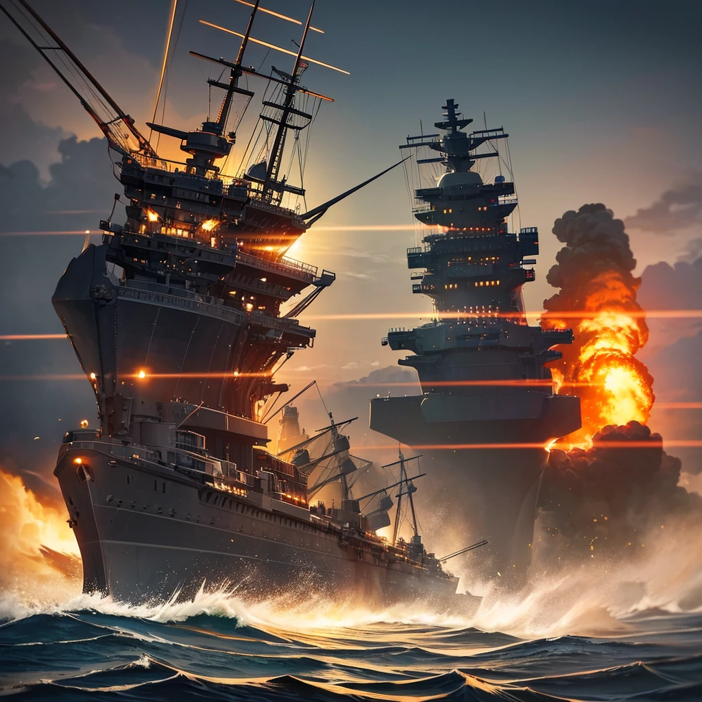 Content: A detailed digital art piece depicting a frontal view of a battleship firing its cannons. The battleship is massive and formidable, with large cannons blasting out powerful bursts of fire and smoke. The ocean around it is turbulent, reflecting the intensity of the action. Medium: Digital art, concept illustration. Style: Highly detailed, realistic military art in the style of naval history illustrations. Lighting: Dynamic lighting with dramatic highlights and shadows to emphasize the power and scale of the battleship. The cannon fire illuminates the scene with intense bursts of light. Colours: A palette of steely blues, greys, and blacks, with bright flashes of orange and yellow from the cannon fire. Composition: A frontal view with a slightly low angle to emphasize the size and power of the battleship. The horizon line is low, creating a dramatic sense of scale and action.
