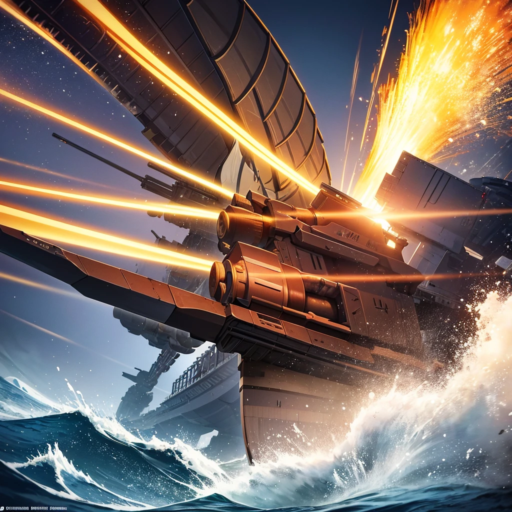 Content: A detailed digital art piece depicting a frontal view of a battleship firing its cannons. The battleship is massive and formidable, with large cannons blasting out powerful bursts of fire and smoke. The ocean around it is turbulent, reflecting the intensity of the action. Medium: Digital art, concept illustration. Style: Highly detailed, realistic military art in the style of naval history illustrations. Lighting: Dynamic lighting with dramatic highlights and shadows to emphasize the power and scale of the battleship. The cannon fire illuminates the scene with intense bursts of light. Colours: A palette of steely blues, greys, and blacks, with bright flashes of orange and yellow from the cannon fire. Composition: A frontal view with a slightly low angle to emphasize the size and power of the battleship. The horizon line is low, creating a dramatic sense of scale and action.