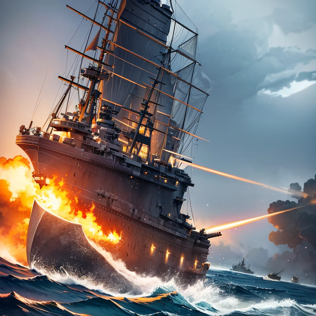 Content: A detailed digital art piece depicting a frontal view of a battleship firing its cannons. The battleship is massive and formidable, with large cannons blasting out powerful bursts of fire and smoke. The ocean around it is turbulent, reflecting the intensity of the action. Medium: Digital art, concept illustration. Style: Highly detailed, realistic military art in the style of naval history illustrations. Lighting: Dynamic lighting with dramatic highlights and shadows to emphasize the power and scale of the battleship. The cannon fire illuminates the scene with intense bursts of light. Colours: A palette of steely blues, greys, and blacks, with bright flashes of orange and yellow from the cannon fire. Composition: A frontal view with a slightly low angle to emphasize the size and power of the battleship. The horizon line is low, creating a dramatic sense of scale and action.
