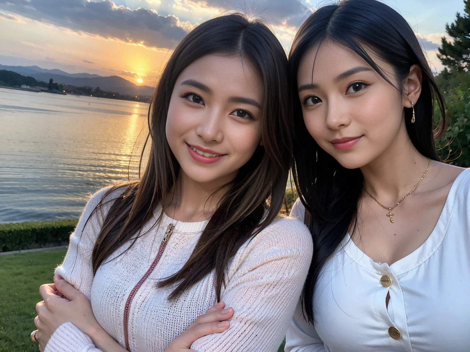 ((Highest quality、、masterpiece:1.3))、1 male、1 female,36 years old 39 years old、Put the light on my face、Slim Beauty、Beautiful couple、Upper Body、smile、 (Slim face), (the body is スリム), (Brown Hair), (Shortcuts), テーブルのフルコースディナーとwine glass、Amazing view of the sunset sky and clouds、smileの美しさ、Wine bottle、sparkling wine、Long sleeve shirt、dress、White wine, red wine, wine glass, Beautiful fine grain, Depth f/2,saturation, High Contrast, Strong light and shadow,Moist Body:1.5、 texture、The hair is very shiny、