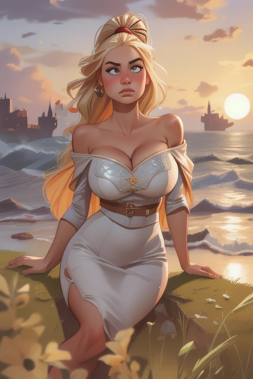 photorealistic,realistic, solo, photorealistic, best quality, ultra high res, 1girl,, sits , blonde hair in a ponytail, (big boobs), wearing a small short dress ( in Brown leather),off-shoulder,strapless, breeze blowing through the grass,, , 1girl, ((Middle Ages)), (((medieval fantasy))), ((viking)), beautiful, masterpiece, best quality, extremely detailed face, perfect lighting, 1girl, solo, (((sad))), , best quality, ultra high res, photorealistic,, ultra detailed,, masterpiece, best quality, , nancy1, large breasts, cleavage,