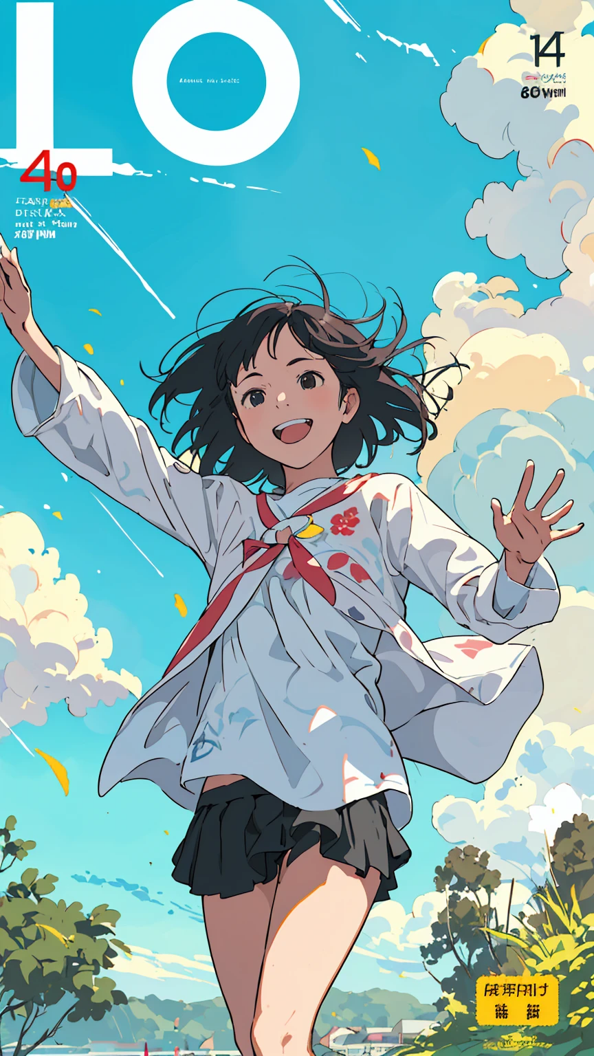 Reasonable design, Clear lines, High Sharpness, (Highest quality,4K,Perfect sharpness,Ultra-fine,High resolution,masterpiece:1.2), Perfect ???????:1.5, Official Art, Illustrations that tell a story, (Whitish background:0. 9）、Body Positivity、Diverse physical expressions、（(Random and energetic poses)）、Perfect beauty、Perfect beautiful face、(Strong winds)、Rich expressiveness、Dynamic configuration、smile、Golden ratio composition、colorful、（(Different angles and perspectives))、Anime Drawing Skirt、（Overcoming stereotypes）、 Glowing Skin、（Natural Beauty）、bangs、Straight hair、（Soft and flowing hair）、（countryside）、（Nostalgic atmosphere）、Put it on your feet、（Playful and easygoing）、（diverse characters）、（Graceful posture）、（Sunny atmosphere）、（Bright colors）、Inserted up to the thighs、Skirt fluttering in the wind、Angle from above、Cheerful girl、Weekly magazine cover、