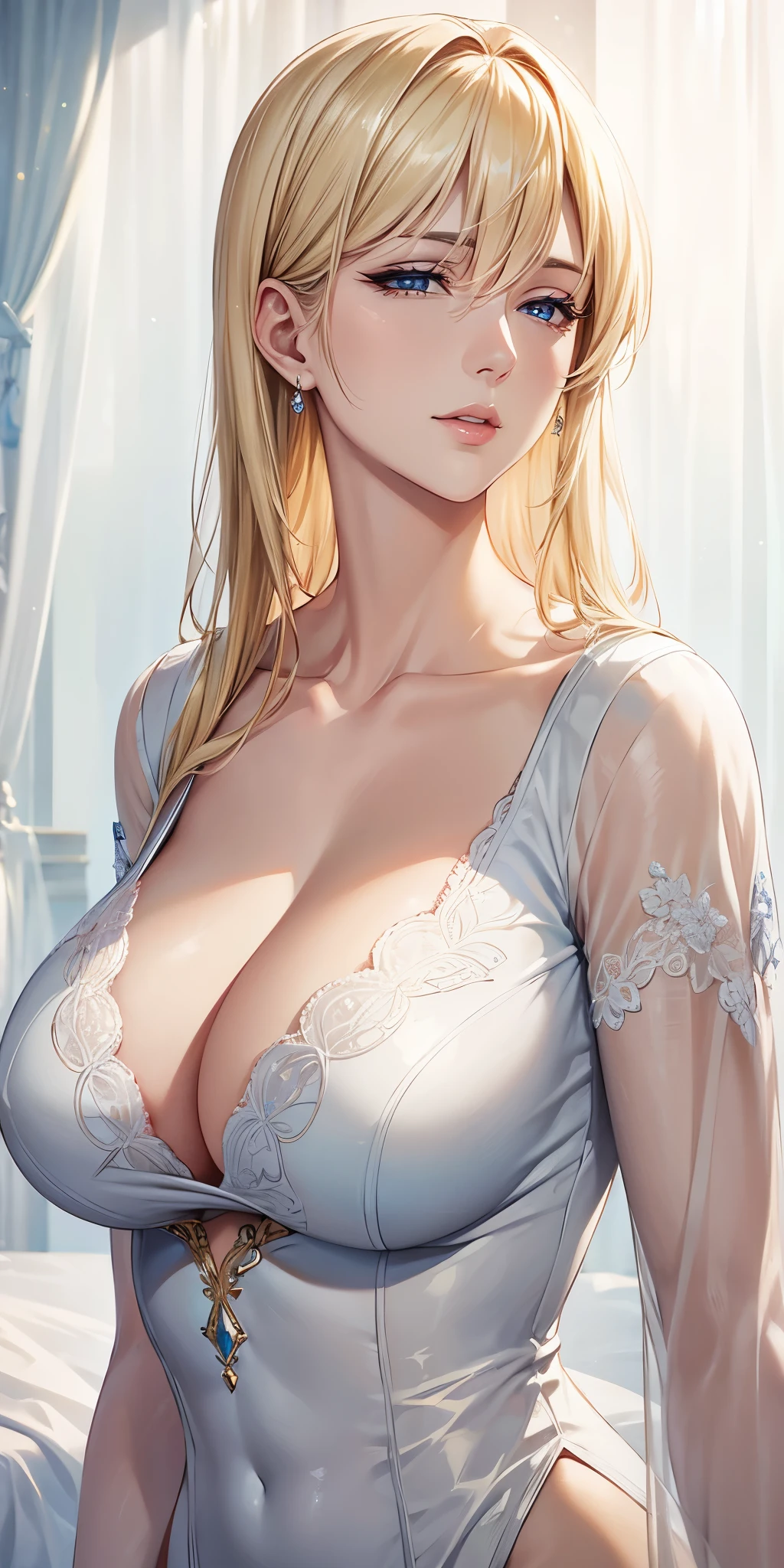Elegant mature woman, milf, blue eyes, blonde hair, soft light, high detailed, 4k resolution, high quality, beautiful cg