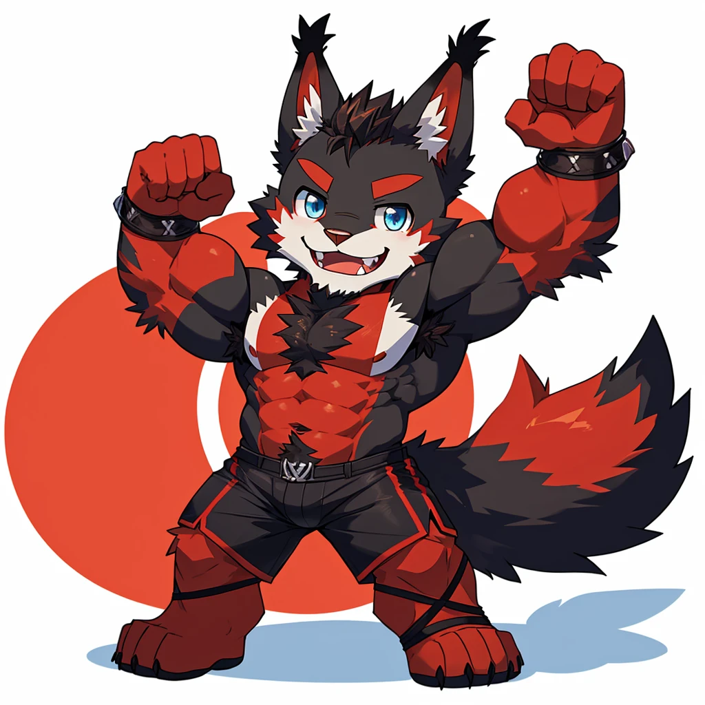 ((Furry lynx cat)), ((chibi)), chibi, chibi, chibi, body fully covered in black fur, ((fully covered in black fur)), ((black fur)), sharp fangs, sharp teeth, summer shorts outfit, cute, blue eyes, red chest hair, red eyebrows, red armpit hair, black nose, black tail, black tail with red tip, red whiskers, happy, smile, correct ???????, correct hand, ((white background)), (Acting happy), (hands up), enjoy, ((front view)), full body, sexy, (flexing), (muscle), black tail, black tail red tail tip, red eyebrows, red chest hair, red armpit hair, chibi, chibi, chibi