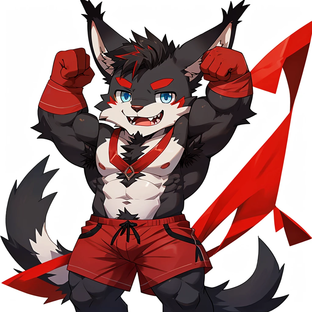 ((Furry lynx cat)), ((chibi)), chibi, chibi, chibi, body fully covered in black fur, ((fully covered in black fur)), ((black fur)), sharp fangs, sharp teeth, summer shorts outfit, cute, blue eyes, red chest hair, red eyebrows, red armpit hair, black nose, black tail, black tail with red tip, red whiskers, happy, smile, correct Anatomy, correct hand, ((white background)), (Acting happy), (hands up), enjoy, ((front view)), full body, sexy, (flexing), (muscle), black tail, black tail red tail tip, red eyebrows, red chest hair, red armpit hair, chibi, chibi, chibi 