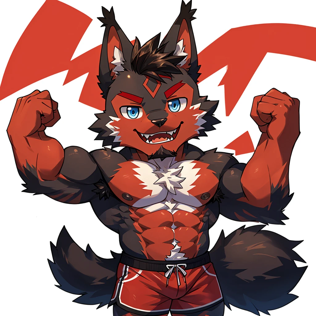 ((Furry lynx cat)), ((chibi)), chibi, chibi, chibi, body fully covered in black fur, ((fully covered in black fur)), ((black fur)), sharp fangs, sharp teeth, summer shorts outfit, cute, blue eyes, red chest hair, red eyebrows, red armpit hair, black nose, black tail, black tail with red tip, red whiskers, happy, smile, correct Anatomy, correct hand, ((white background)), (Acting happy), (hands up), enjoy, ((front view)), full body, sexy, (flexing), (muscle), black tail, black tail red tail tip, red eyebrows, red chest hair, red armpit hair, chibi, chibi, chibi 