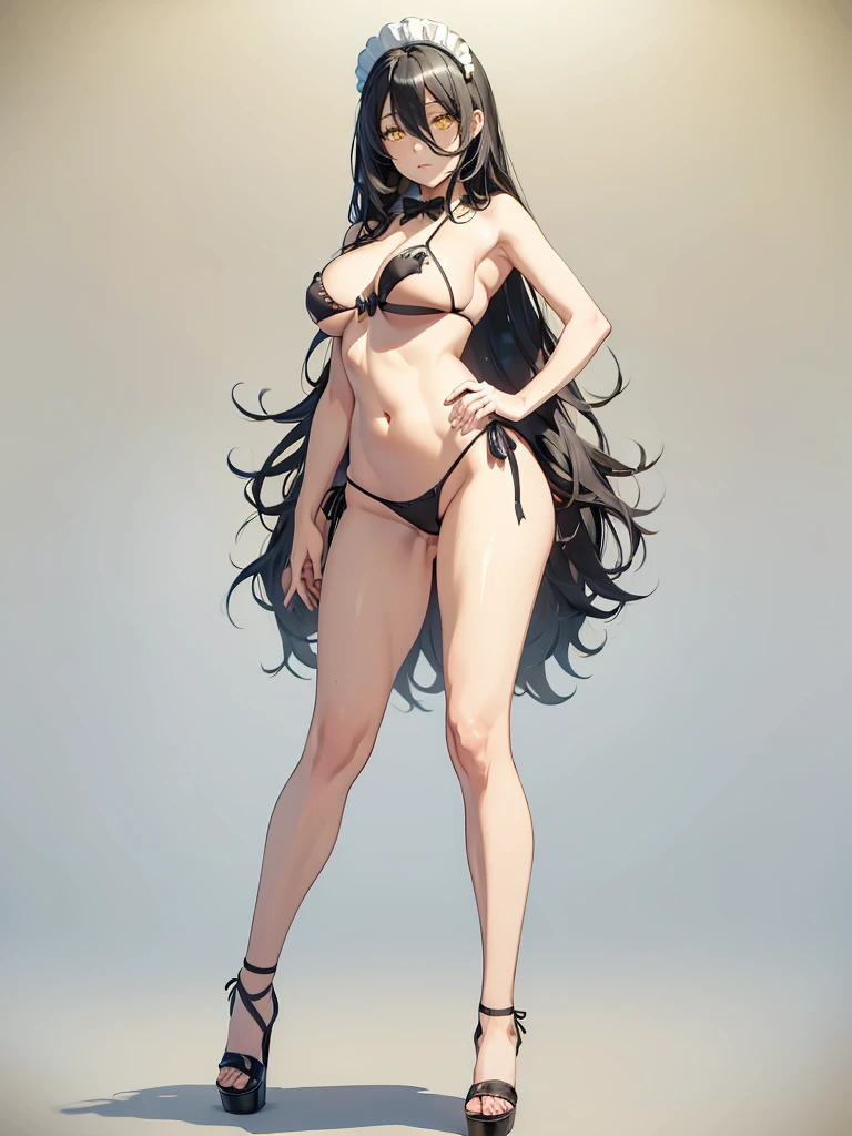 ((1girl, solo)), beautiful body, (perfect anatomy, perfect body, perfect hands, perfect legs), natural proportions, sexy body, large breasts, standing, hand on hip, full body BREAK
((extremely detailed face)), (yellow eyes:1.5), (beautiful detailed eyes:1.6), (realistic pupils, realistic iris:1), expressive eyes, ((looking at viewer)), (clear eyes:1.3), (hyperrealistic:1.2), (detailed skin texture:1.2), smooth skin, (black hair:1.5), long hair, hair between eyes, (detailed lips:1.2), (attractive lips:1.1), (glossy lips:1.1), smile, perfect face, perfect eyes BREAK
maid, maid headdress, (maid bikini:1.5), (black bikini:1.5), covered nipples, detached collar, (black bowtie:1.3), wrist cuffs, string panties, bare legs, high heels BREAK
(masterpiece:1.5), anime-style, top quality, best quality, (beautiful and aesthetic:1.2), (ultra detail:1.5), Ultra-detailed depiction, Ultra-precise depiction, extremely detailed 8k illustration, high resolution, (highly detailed shading:1.2), (realistic lighting:1.4), perfect lighting, vibrant colors, dynamic tones, striking hues, 8k, absurd resolution, perfect shadows, hdr, UHD, ambient lighting, realistic, ultra-realistic, photo realistic, highly detailed, rich detail, luminous colors, fine texture, intricate design, professional illustration, (soft light:1.2), (illustration:0.7),