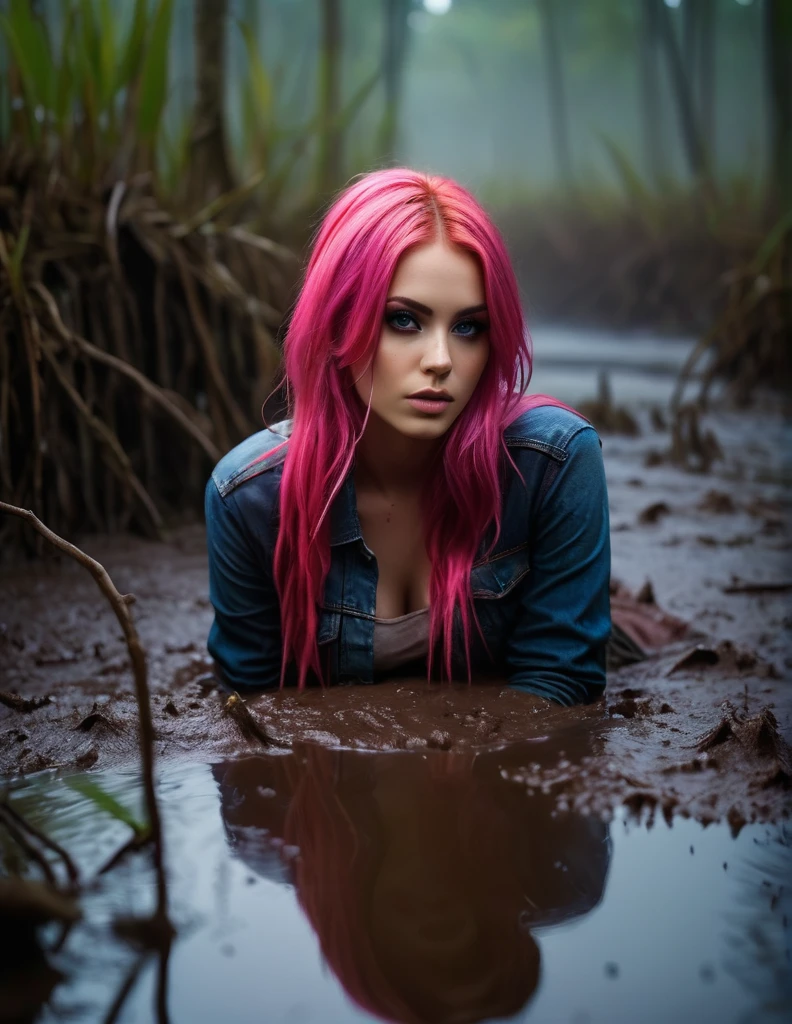 very attractive 25 year old female with long bright pink hair, (Best Quality,4k,hight resolution,Realistic),Portrait,The girl plunged into a deep muddy swamp,her jeans are soaked with a thick layer of sticky mud,wild and creepy environment,dark and mysterious,foggy atmosphere,soft-lighting,Vivid colors,Reflection in the swamp,restless and vulnerable