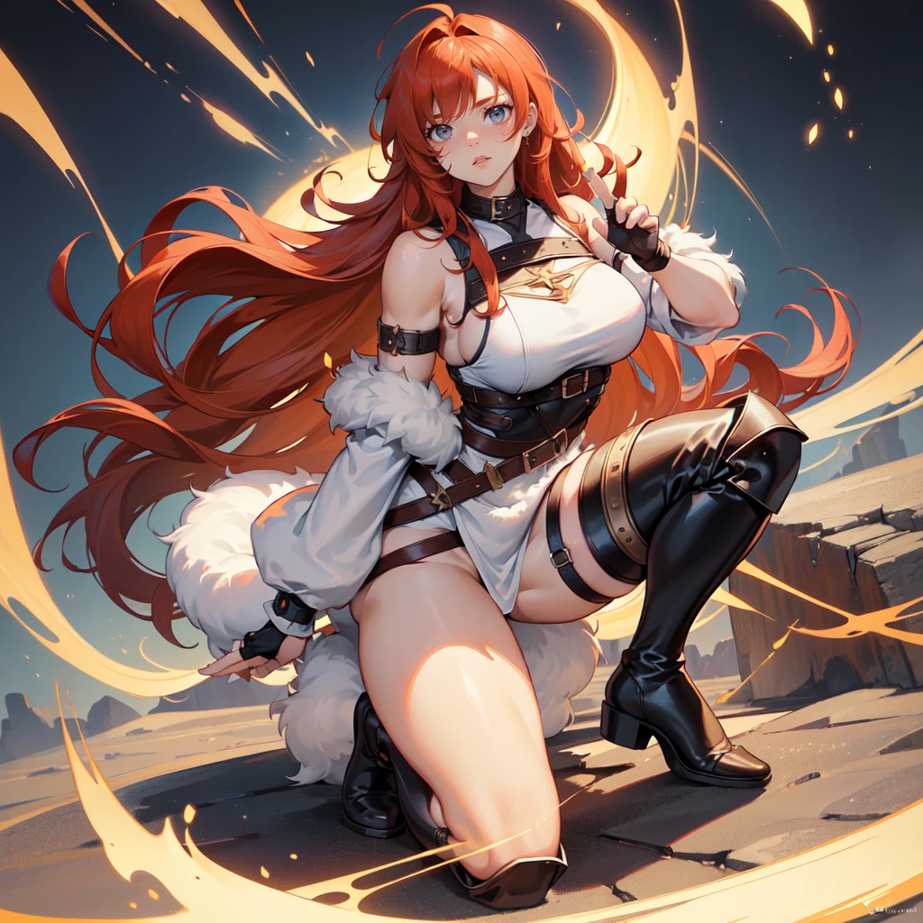 (masterpiece), best quality, female warrior, dark fantasy, huge girl, female muscular:1.2, ginger hair, curvy:1.6, (thick thighs:1.6), (((blank background))), ((full body)), fingerless gloves, long boots, sleeveless, (straight  hair), (fur top) , strapless top, (spread legs), (squatting), ((legs apart))