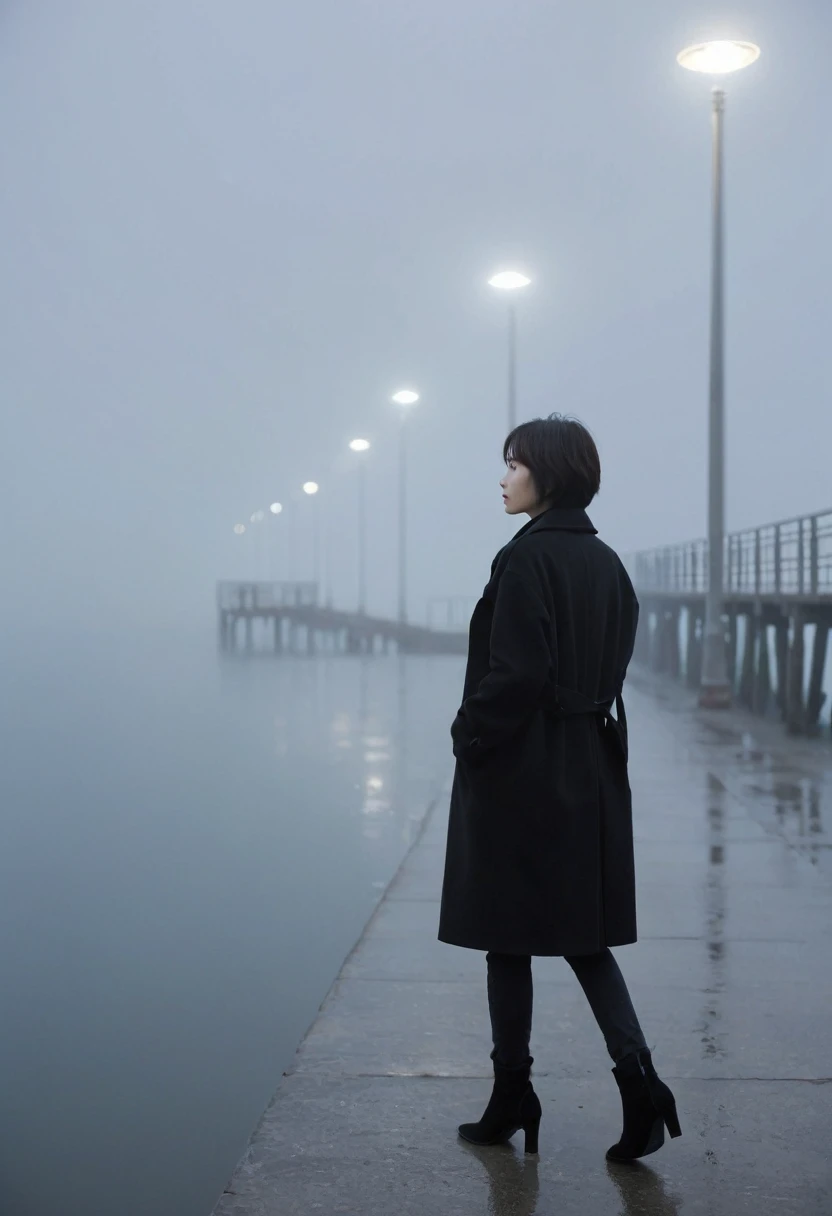 Korean woman,Short hair, black coat, cool,rain,blur,Fog,middle,cool,boring,,pier,only,Coast, The dim light shines in the Fog,and the figure stands in the Fog holding , back view of walking slowly