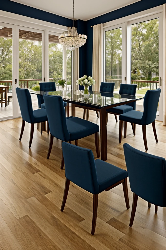 Six-seat glass dining room with champagne-colored wood and dark blue fabric