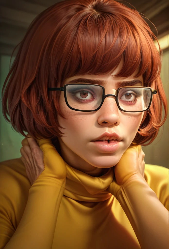 a man strangling velma,chokehold,velma fearful expression,velma flailing arms and legs,detailed facial features,high quality,photorealistic,cinematic lighting,dark shadows,intense drama,gritty realism,tension,dramatic composition