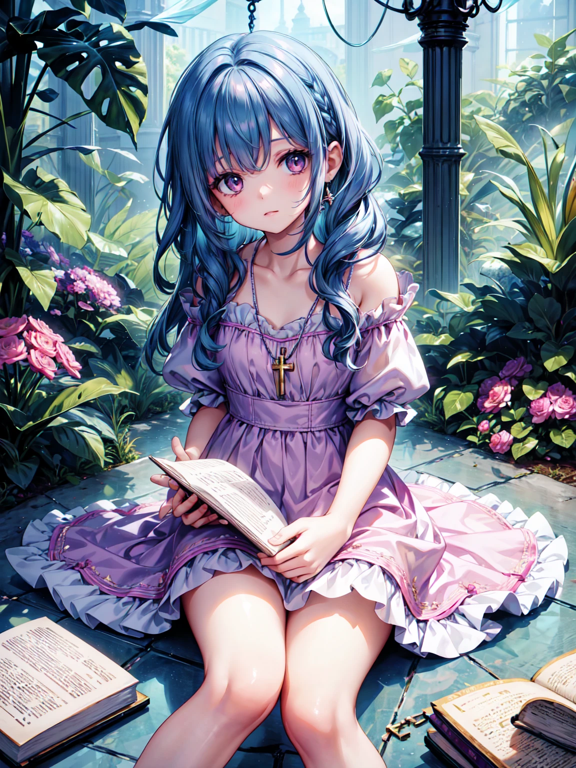 a 7 year old girl with wavy blue hair, wearing a pink and lilac dress, a necklace with a key, sitting on the floor with a book on her lap, happy, children's book character, detailed portrait, beautiful intricate dress, ethereal lighting, soft pastel colors, natural lighting, peaceful expression, detailed facial features, delicate fingers, book in lap, sitting cross-legged, warm color palette, cinematic lighting, photorealistic, digital art, highly detailed, masterpiece.