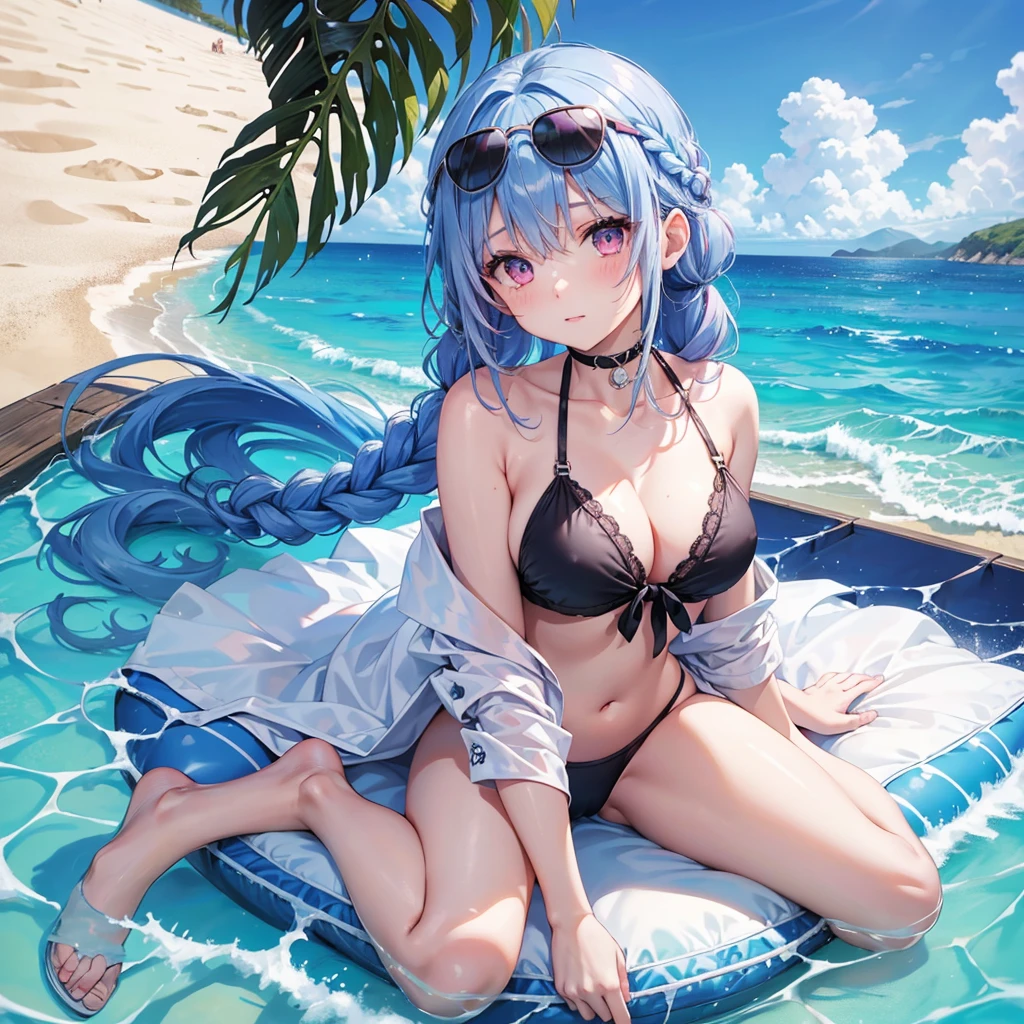 (Sky blue medium hair),(Braided hair tied together)、Pink eyes、Fair skin、(whole body)、(One Girl)、Black Swimsuit、Big Dolce & Gabbana sunglasses on her head、Shining white sand beach in midsummer、Okinawa's ocean、A happy smile、、(masterpiece、Highest quality、Very detailed、Best Shadow)、(Detailed Background)、(Beautifully detailed face)、High contrast、(Best lighting、Very delicate and beautiful)、((Cinematic Light))、colorful、Hyper Detail、Dramatic Light、Exquisite detail、Standing with your legs apart