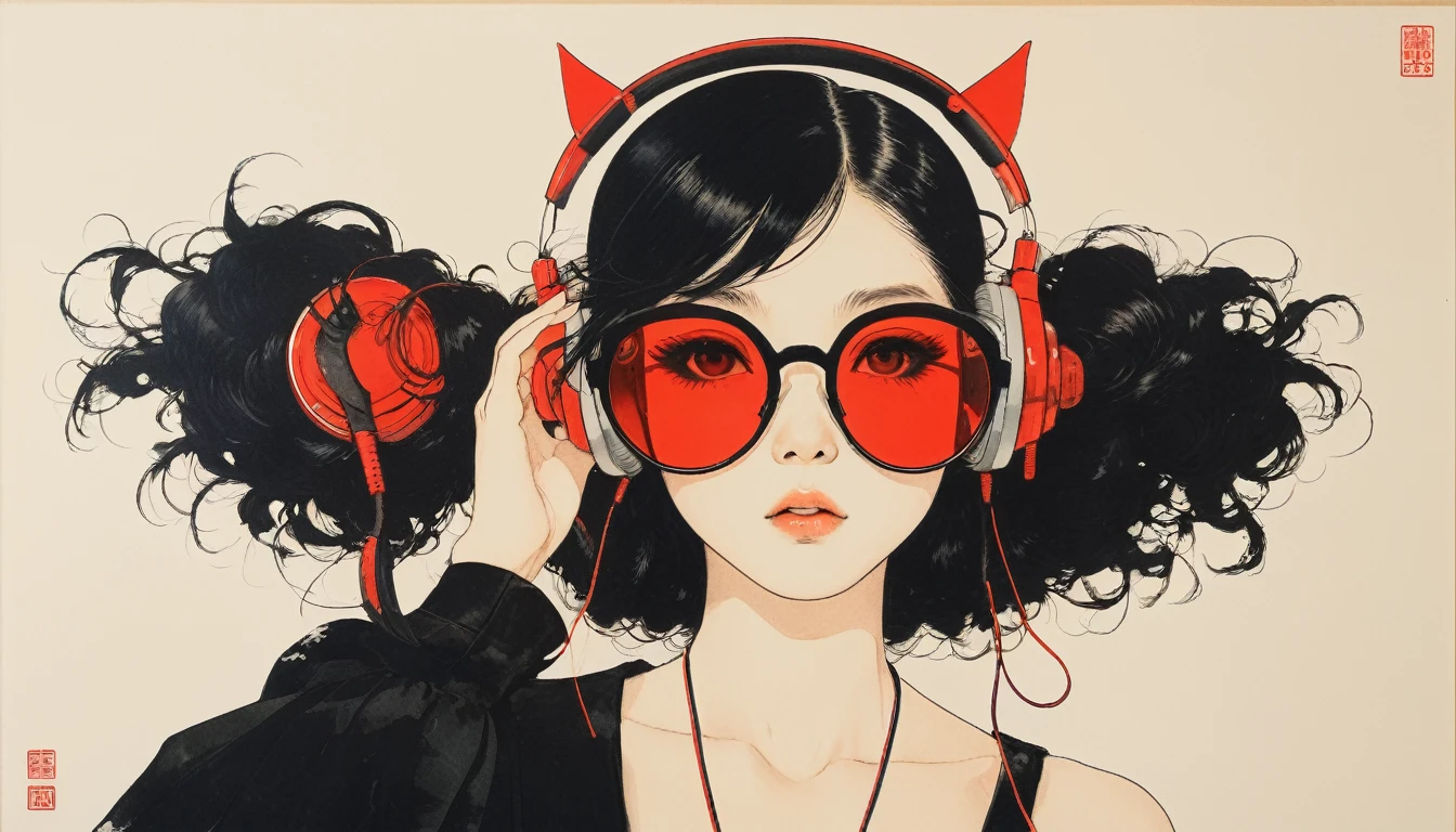 Jet Blackの着物を着たロングヘアの女の骸骨, sunglasses, Glare, Katsushika Hokusai, Ink Painting, Japanese style headphones, Modern ukiyo-e style, Jet Black, Red eyes
