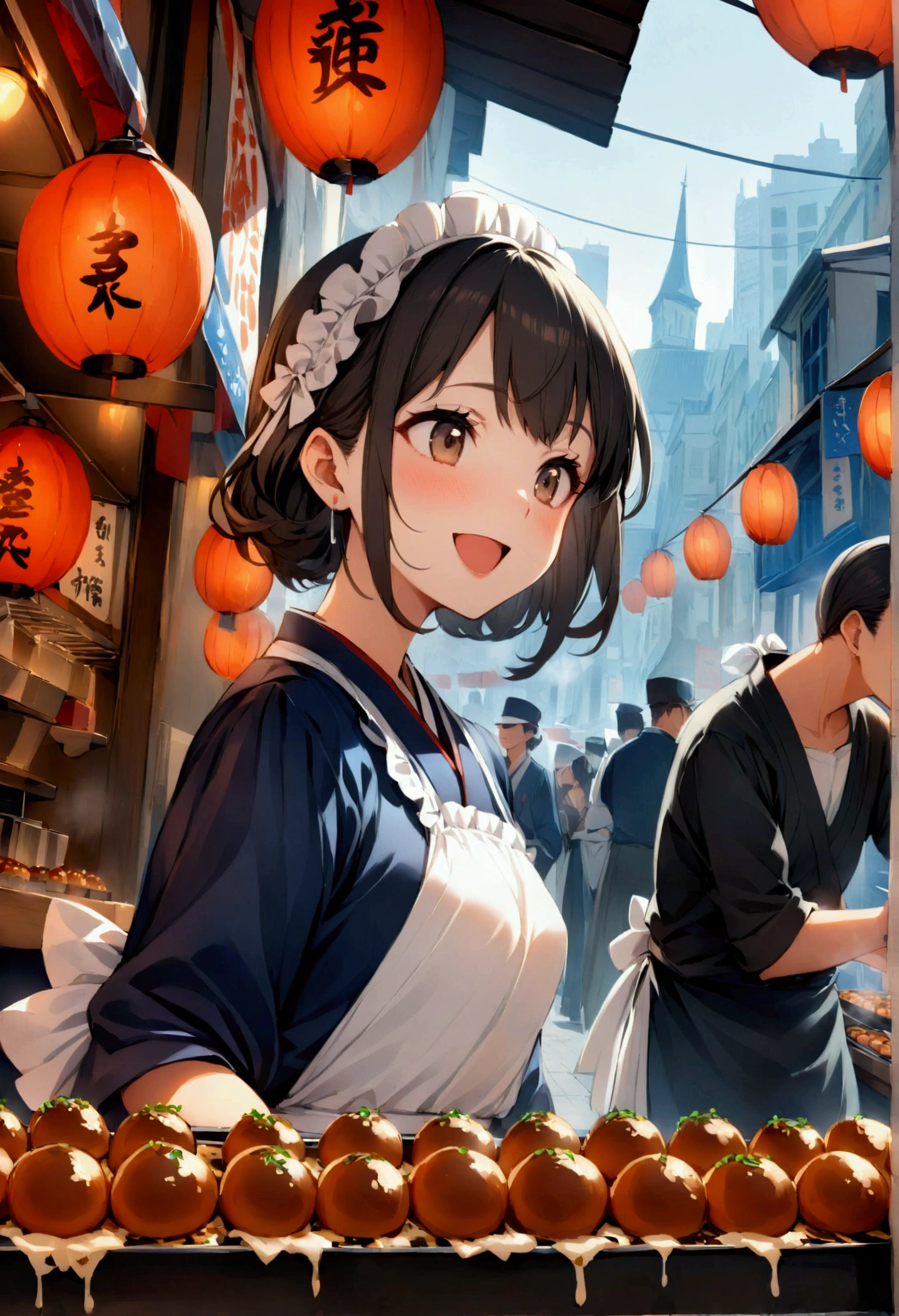 girl grilling takoyaki at takoyaki stall, white kerchief, navy blue kimono and white ruffled apron, low angle, stall street, smoke is coming out from the side of the food stall, you can hear laughter, it's full, there are many city buildings surrounding the food stall,