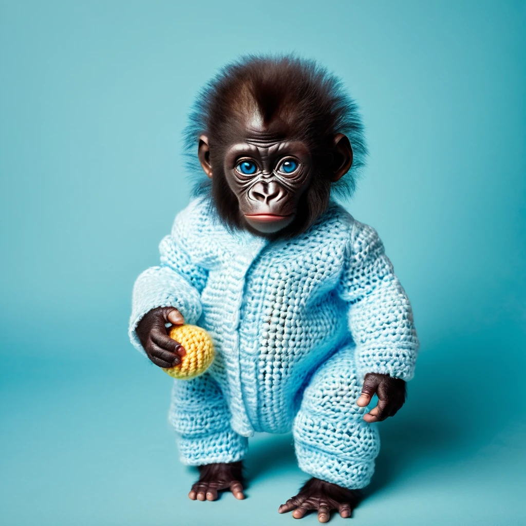 gorilla , baby, standing, big blue eyes, in beautiful clothes, with a rattle in his hand, on a plain blue background, in full growth,
