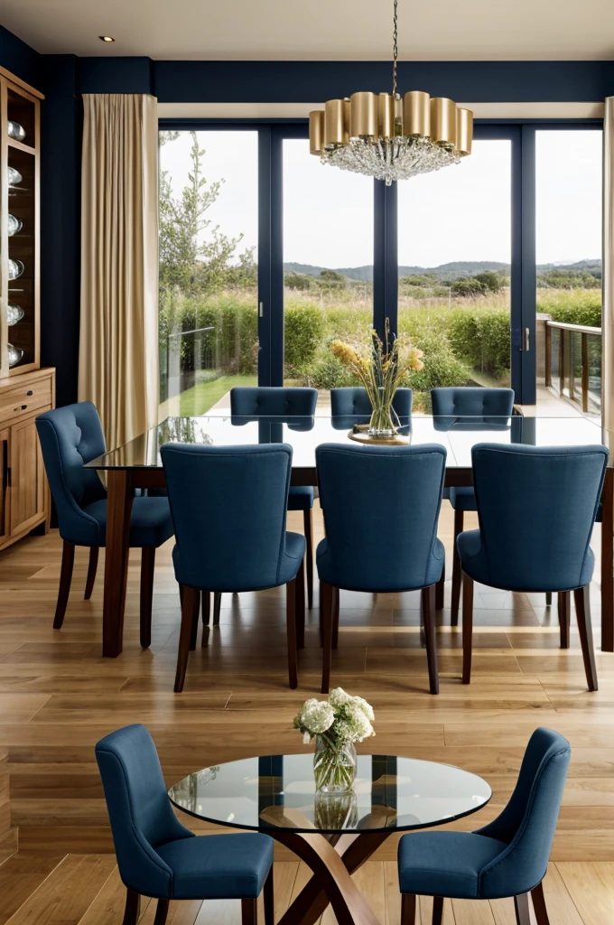 Six-seat glass dining room with champagne-colored wood and dark blue fabric