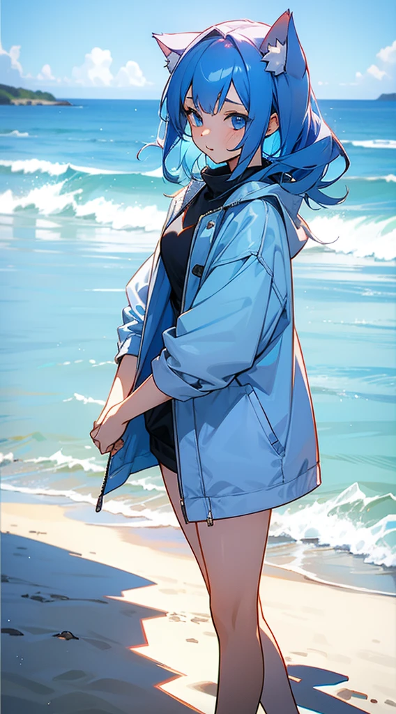 21-year old female neko blue hair and blue eyes at the beach