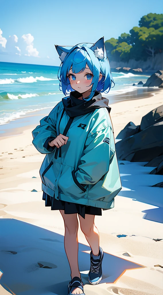 21-year old female neko blue hair and blue eyes at the beach