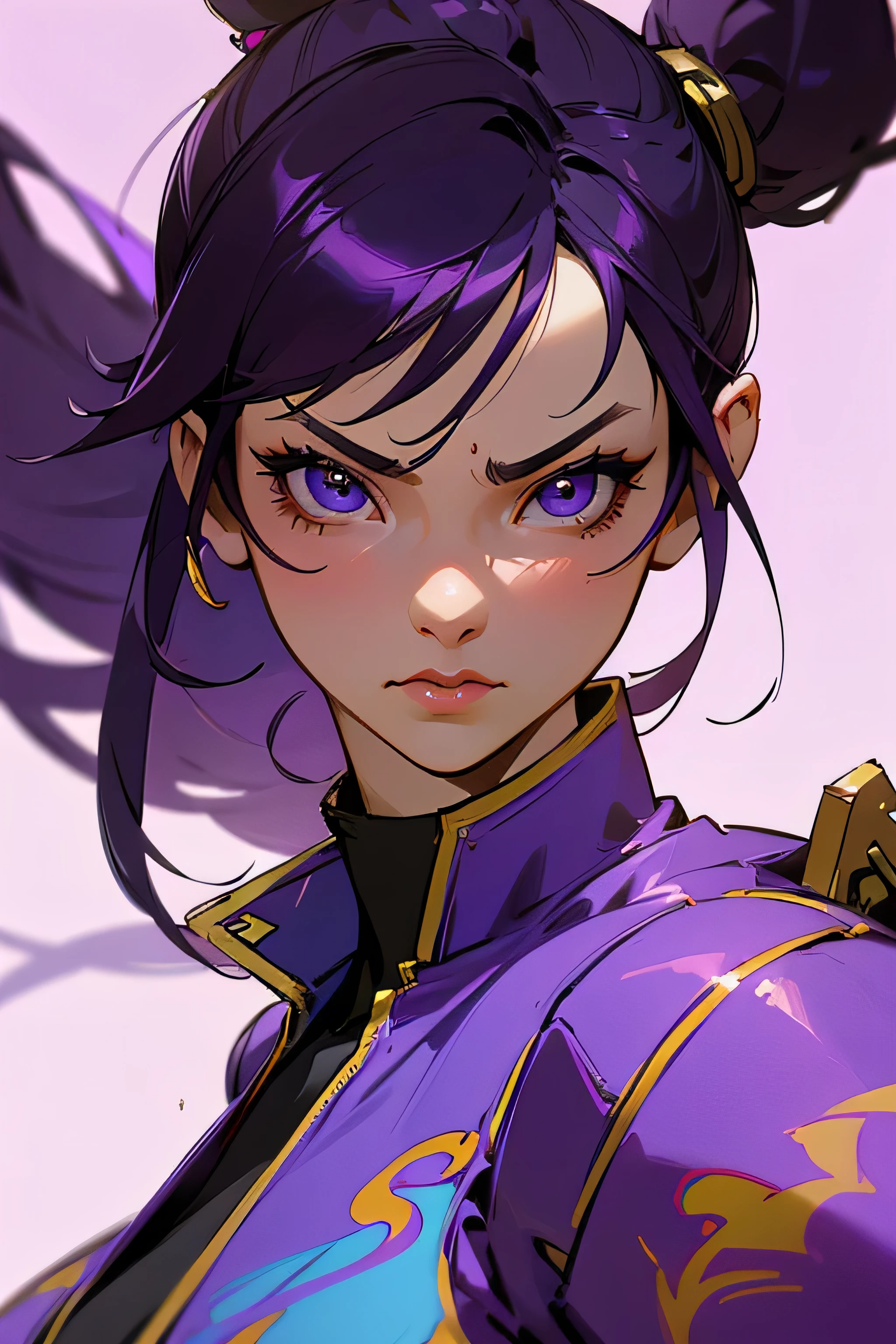 a beautiful detailed close up portrait of a woman with purple hair and a purple jacket, chun-li character from street fighter, badass anime style, extremely detailed by artegerm, unreal engine 3D, video game character, katana zero, chun-li, photorealistic, vivid colors, dramatic lighting, hyper detailed, masterpiece