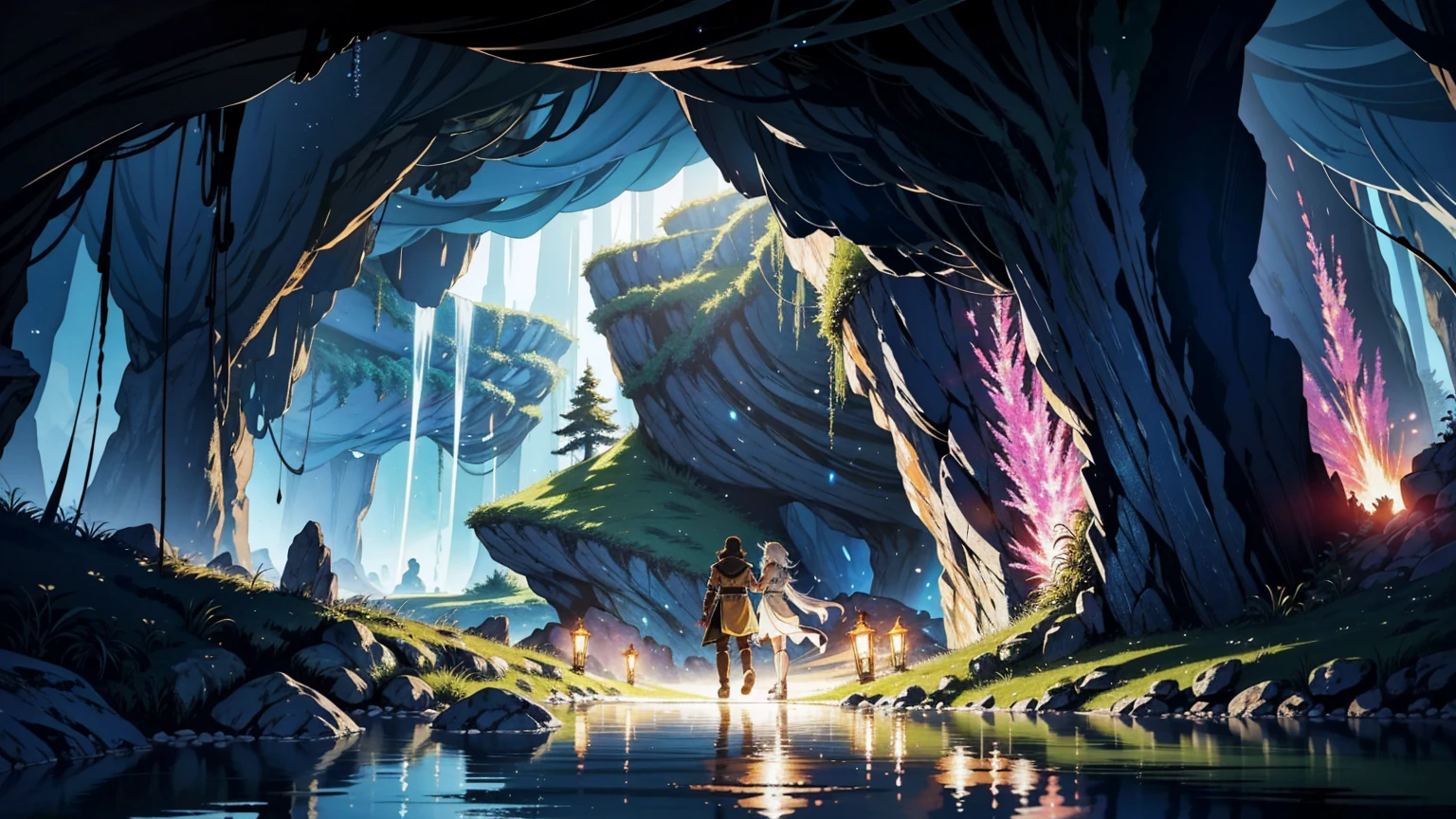 A 16:9 anime-style illustration depicting a male and female adventurer exploring a fantastical cave. The adventurers are dressed in fantasy attire, including cloaks and light armor, and are carrying torches that cast a warm glow. The cave is filled with shimmering crystals, glowing fungi, and mysterious rock formations. The atmosphere is mystical and full of wonder, with the light from the torches reflecting off the cave walls and creating a magical ambiance. The adventurers are cautiously making their way through the cave, captivated by its beauty and mystery.