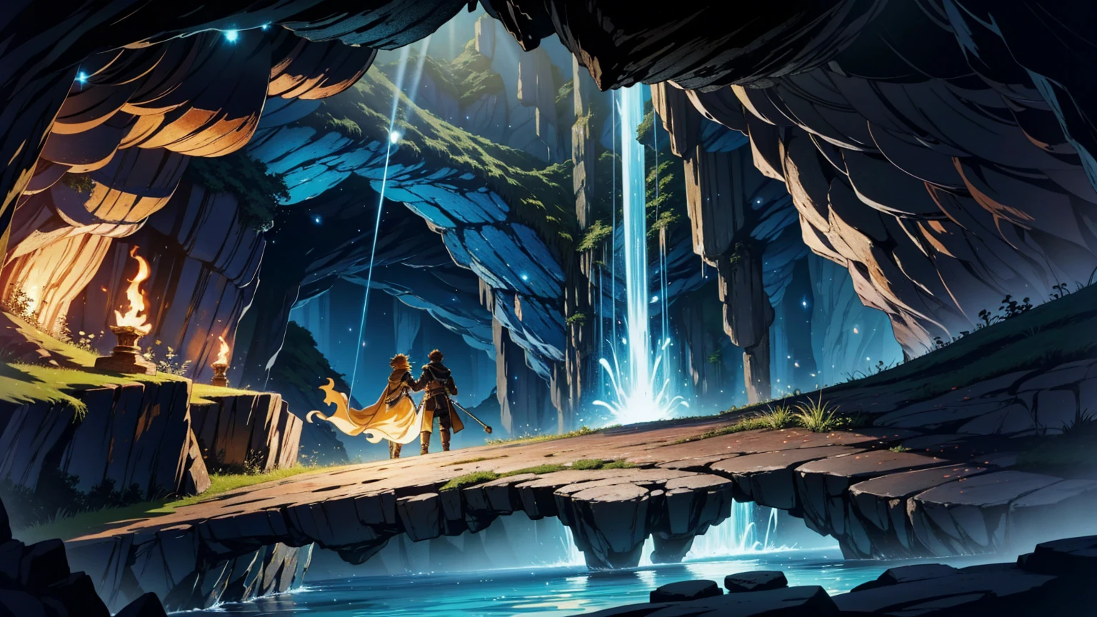 A 16:9 anime-style illustration depicting a male and female adventurer exploring a fantastical cave. The adventurers are dressed in fantasy attire, including cloaks and light armor, and are carrying torches that cast a warm glow. The cave is filled with shimmering crystals, glowing fungi, and mysterious rock formations. The atmosphere is mystical and full of wonder, with the light from the torches reflecting off the cave walls and creating a magical ambiance. The adventurers are cautiously making their way through the cave, captivated by its beauty and mystery.