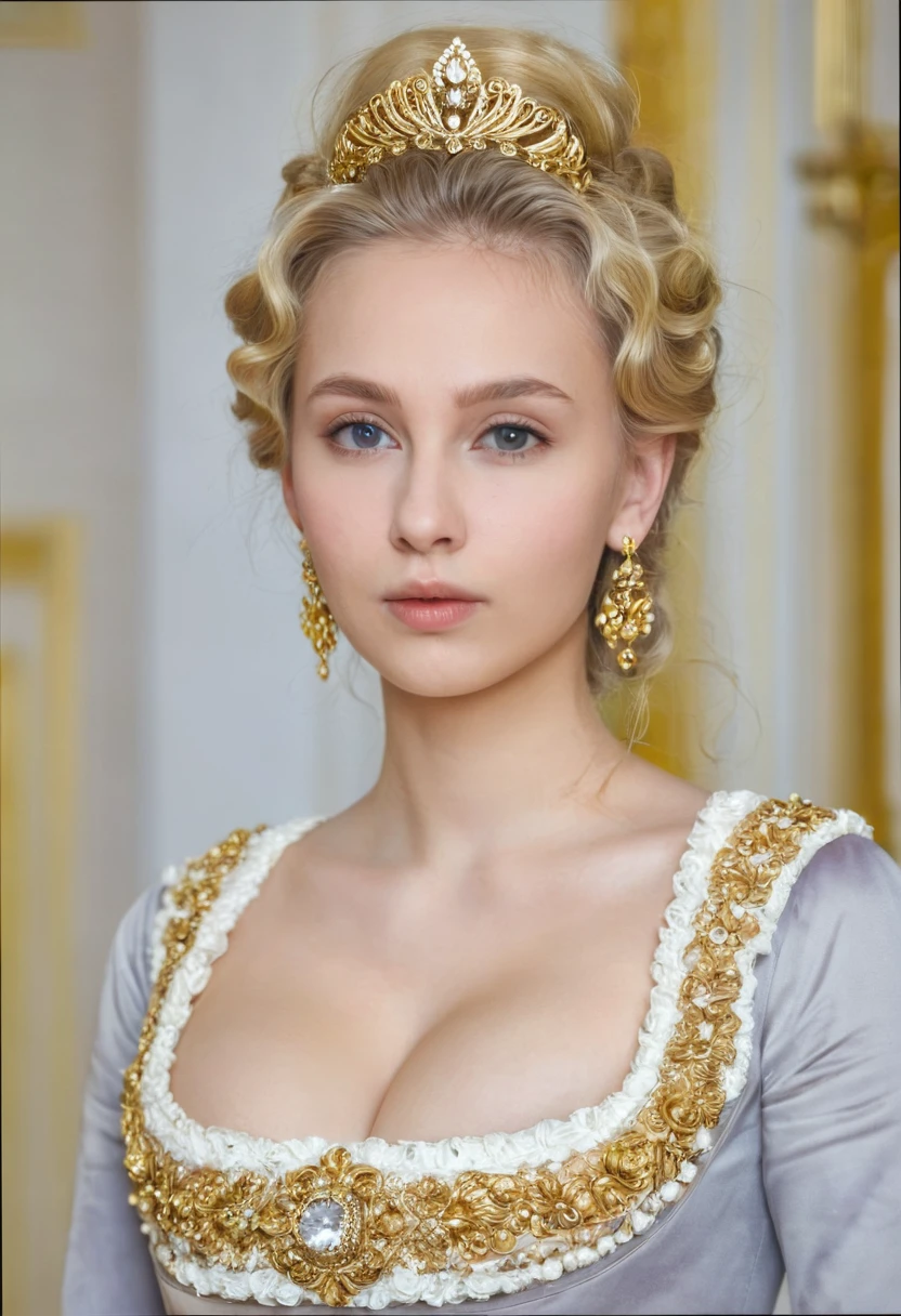 Close up shot , looking at viewer, Russian girl, 22 age old, (Blond hair, middle hair ,  wince, Gray eyes, beautiful lip,  serious),  gold crescent earrings, gold neckless, (big breasts, slender whist, wide hip, real public hair) ,(Rococo 18the century dress) , (gold earing , peal neckless. tiara with Dimond),   Palace, in Moskva, textured skin , HI detailed skin, (foreshortening, Canon, UHD, anatomically correct,  super detail, high details, highness, 