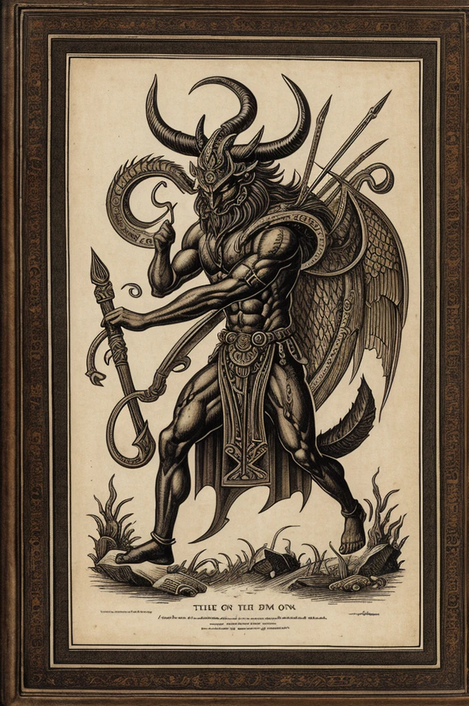 A mythological demon illustrated as if it were printed in an ancient book
