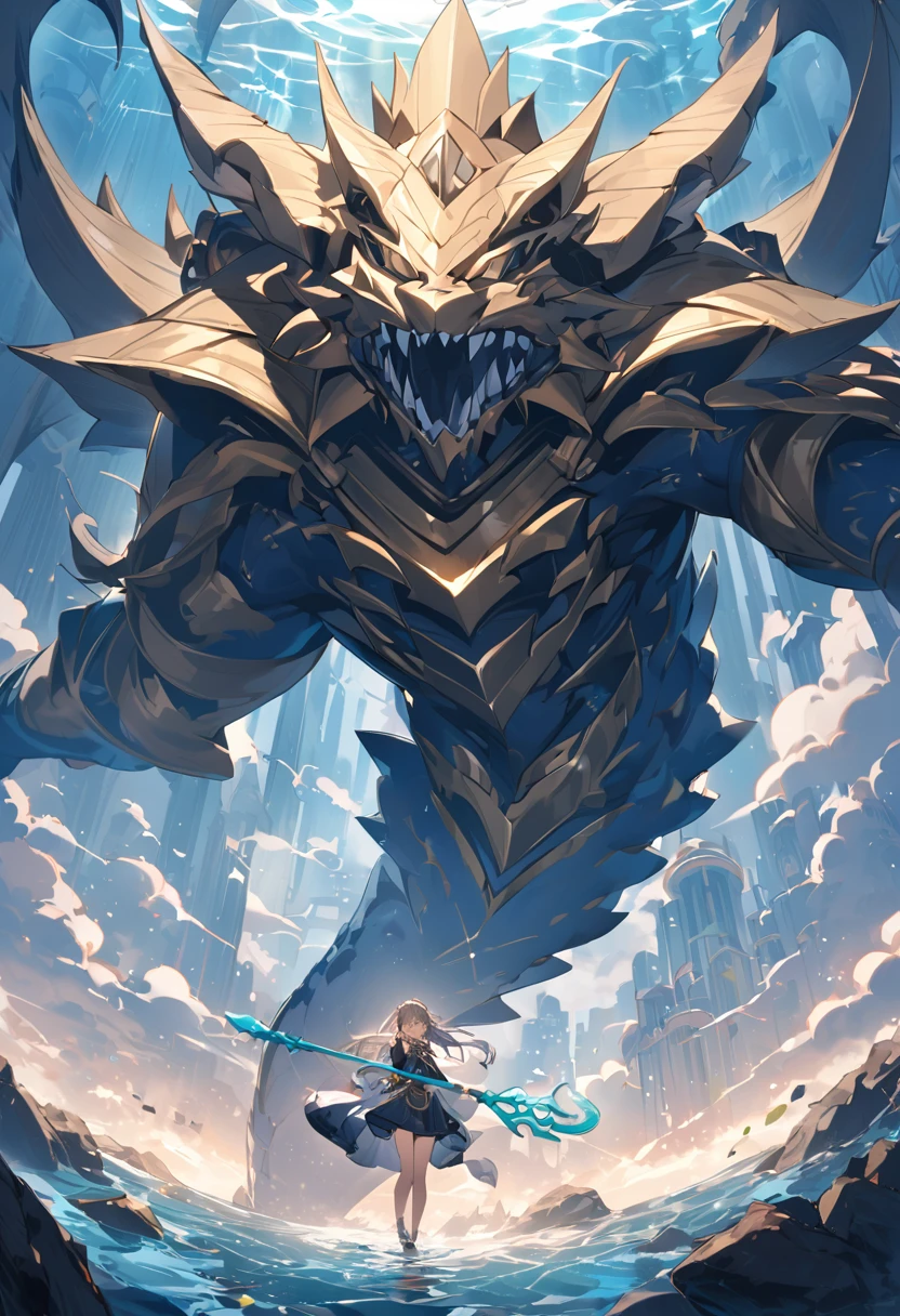 (masterpiece, best quality:1.1),A shark monster summoned from a portal that connects to another world,The monster has a trident,Strong winds,A girl raising her left hand to summon a monster,Ancient Underwater City,A deep underwater city,Beautiful depiction,Composition based on the golden ratio,Mysterious atmosphere,