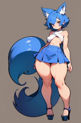 (((whole body))), (Masterpiece), ((Best Quality)), (very short girl), flat chest, two short tails, (Wide hips:1.4), (thick thighs:1.4), (very short skirt), platform heels, topless