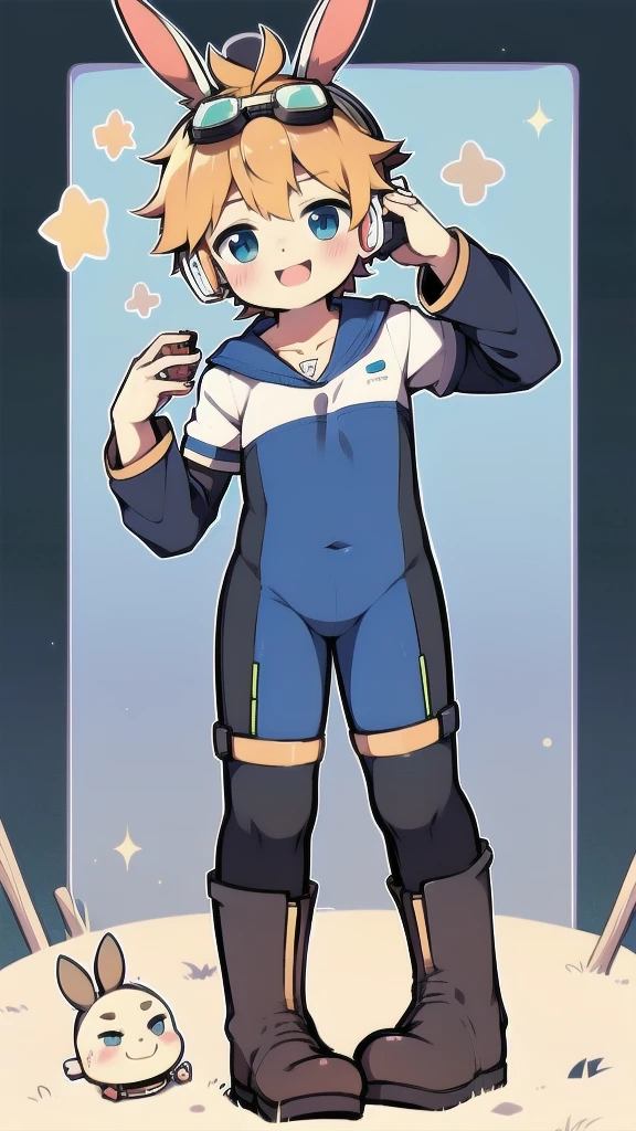 2D Shonen Shota,One-piece suit,Slim, healthy body,Put the headphones on your head,stand up,goggles,Rabbit ears,Happy,Sailor collar,boots,charming,Akimbo