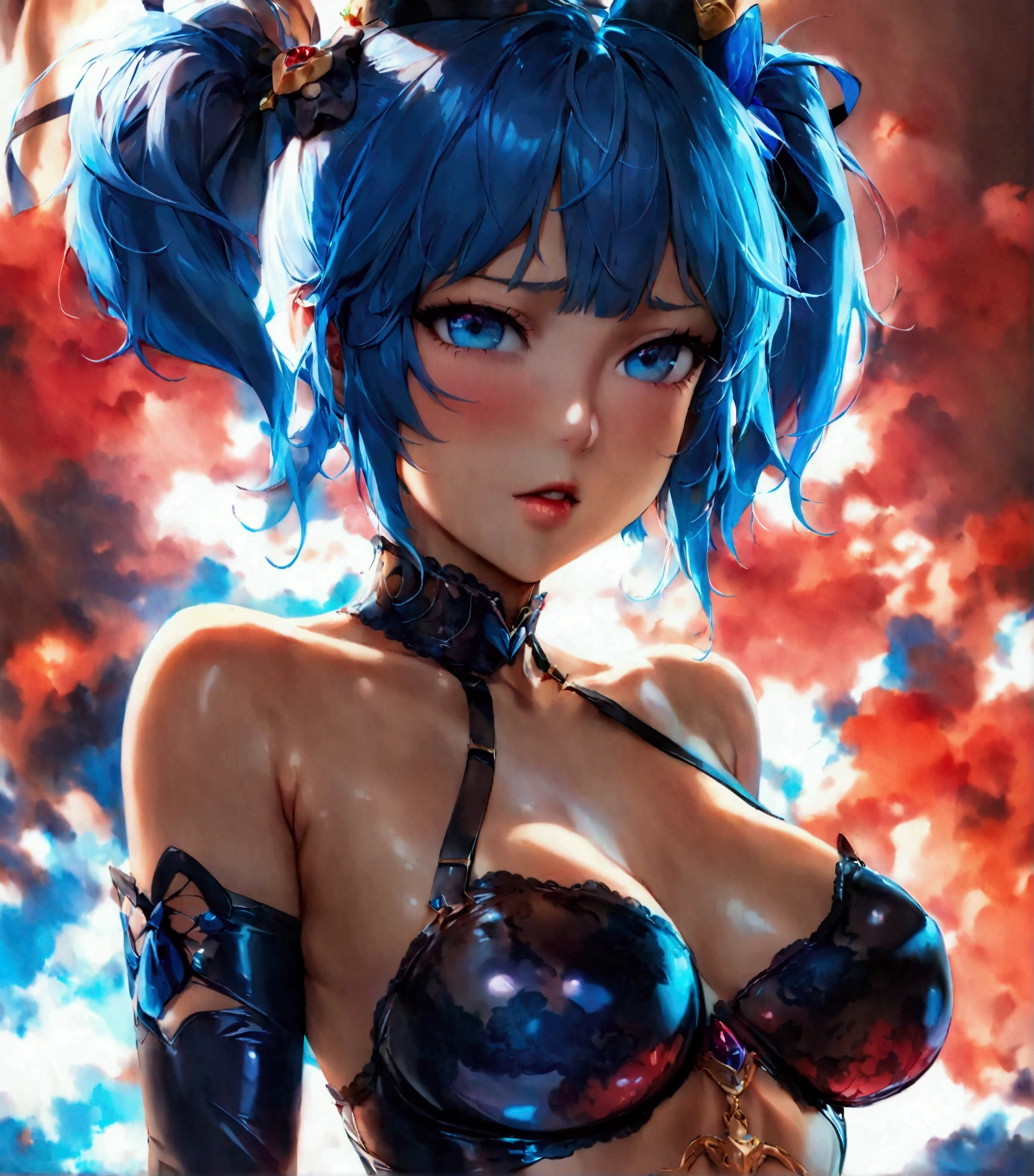 (masterpiece quality), 1girl, ((Marinette Dupain-Cheng)), (((Garterbelt))), ((wearing the garterbelt)), blue hair, two short pigtails, blue eye, nude, lascivious expression, ((dakimakura)), full body view