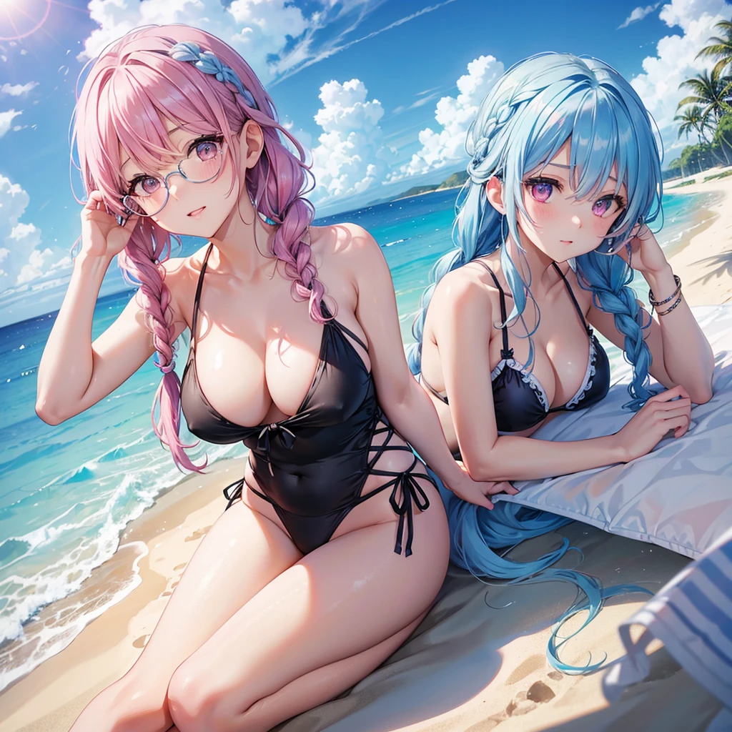 (Sky blue medium hair),(Braided hair tied together)、Pink eyes、Fair skin、(whole body)、(One Girl)、Black Swimsuit、Big Dolce & Gabbana sunglasses on her head、Shining white sand beach in midsummer、Okinawa's ocean、A happy smile、、(masterpiece、Highest quality、Very detailed、Best Shadow)、(Detailed Background)、(Beautifully detailed face)、High contrast、(Best lighting、Very delicate and beautiful)、((Cinematic Light))、colorful、Hyper Detail、Dramatic Light、Exquisite detail、Standing with your legs apart