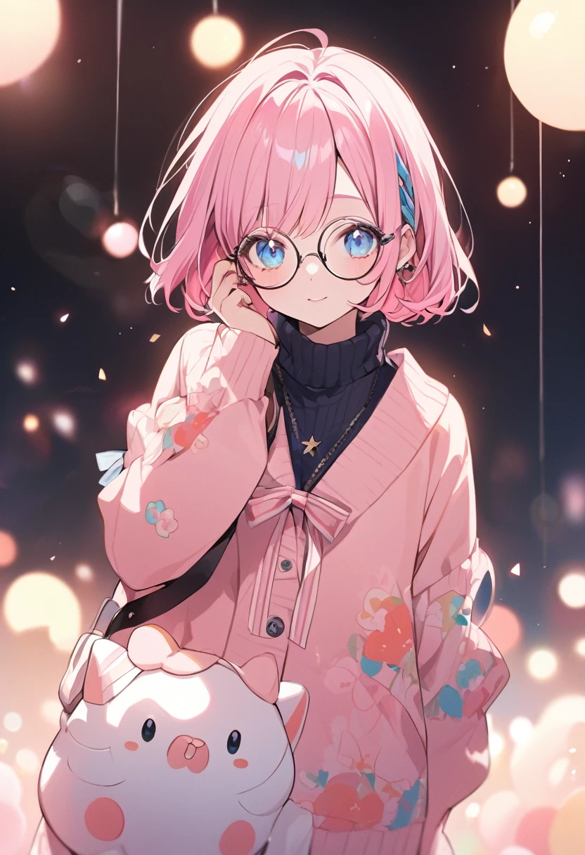 Pink Hair　Round Glasses　Short Bob　blue eyes　Fair skin　cute　beautiful girl　　1㎝　kind