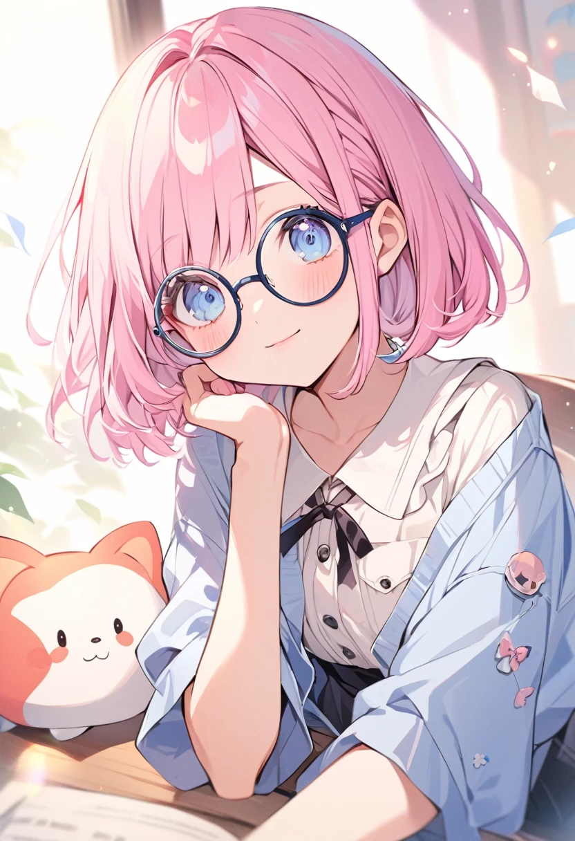 Pink Hair Round Glasses Short Bob blue eyes Fair skin cute beautiful girl 17 years old 1㎝ kind