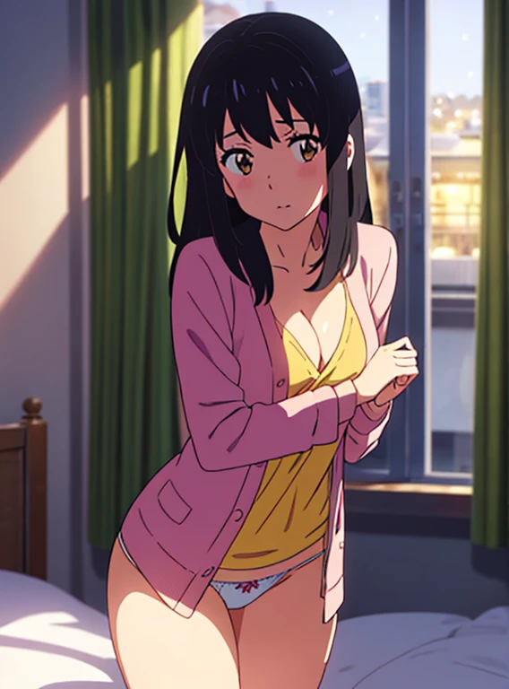 shinkai makoto, kimi no na wa., 1girl, black hair, brown eyes, long hair, red hair string, long sleeve light pink cardigan, open shirt, yellow shirt, cleavage, breast, medium breast, bottomless, white panties, butt, looking at the viewer, indoors, bedroom, night,masterpiece, perfect anatomy, cowboyshot, 