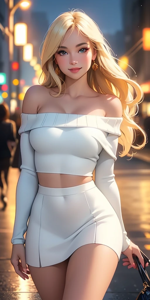 (best quality, ultra-detailed, photorealistic: 1.39), face of a 30 year old girl in love with big breasts, bright and vibrant colors, studio lighting, romantic expression, beautiful detailed off-shoulder black sweater:1.2  , sensual white mini skirt, elegant makeup, long blonder hair flowing in the wind, attractive eyes, lips bright, sexy pose, beautiful roses, smiling confidently and seductively, posing for a professional photo shoot, shallow depth of field, soft natural lighting, creating a dreamy and magical atmosphere. on the street, night