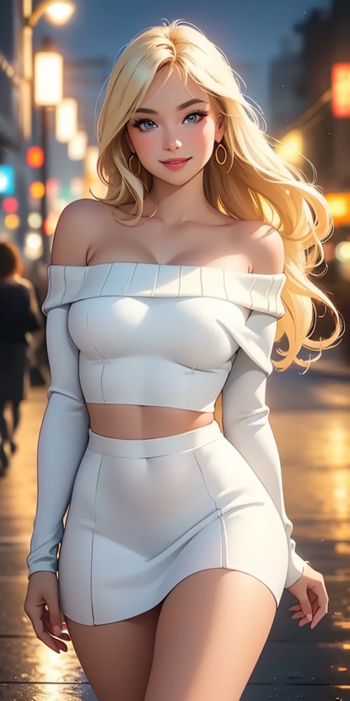 (best quality, ultra-detailed, photorealistic: 1.39), face of a 30 year old girl in love with big breasts, bright and vibrant colors, studio lighting, romantic expression, beautiful detailed off-shoulder black sweater:1.2  , sensual white mini skirt, elegant makeup, long blonder hair flowing in the wind, attractive eyes, lips bright, sexy pose, beautiful roses, smiling confidently and seductively, posing for a professional photo shoot, shallow depth of field, soft natural lighting, creating a dreamy and magical atmosphere. on the street, night